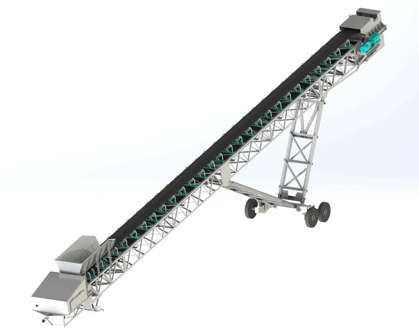Mobile belt conveyor (radial stacker), wheel-mounted with adjustable discharge height