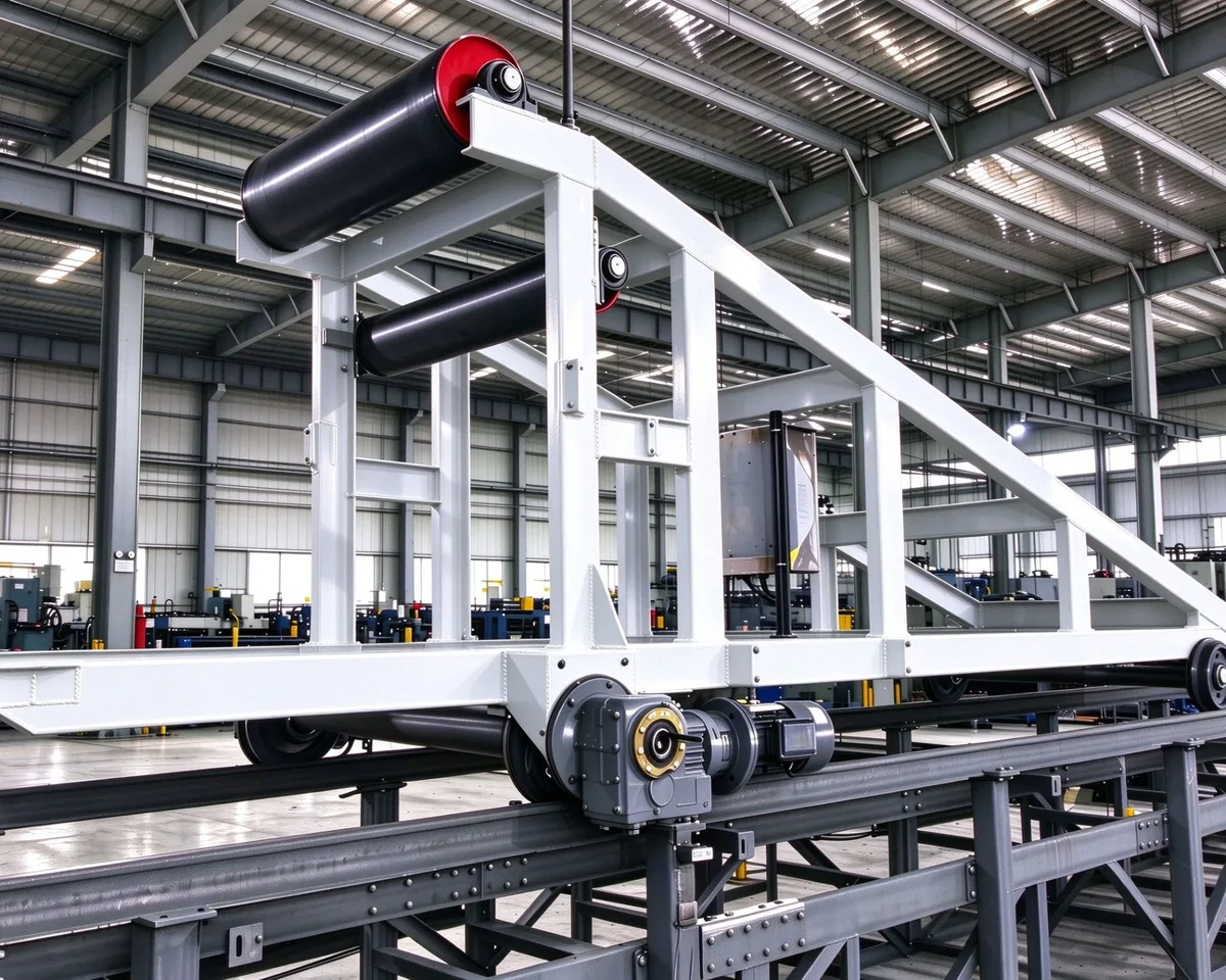 Belt tripper car with bend pulley and travel drive on rails